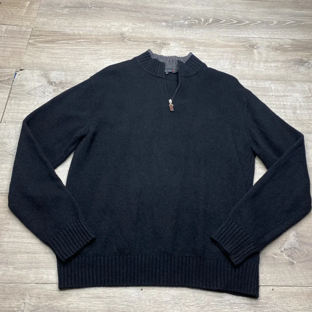 Iceland Quarter Zip Sweater Mens Large Black Wool Blend Made in Italy Mock Neck